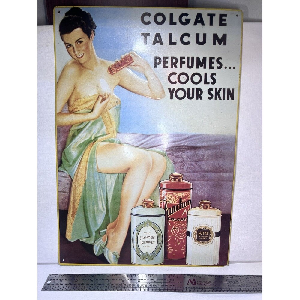Colgate Talcum Advertising Metal Sign Perfumes Multicolor Vintage Collectible